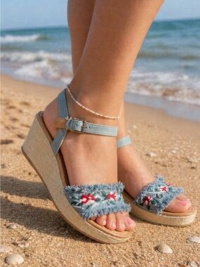 SO Light Blue Embroidered Denim Wedge Sandals